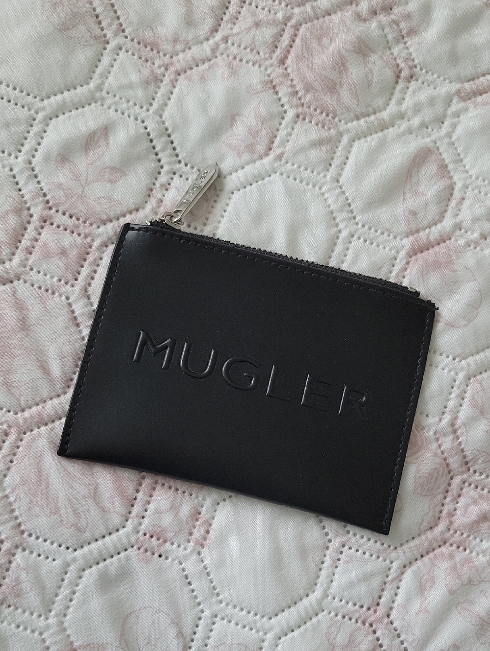 Mugler Black Leather Zip Card Pouch with Embossed Logo